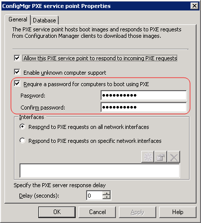 PXE Service Point properties page with Require a password for computers to boot using PXE checkbox called out.
