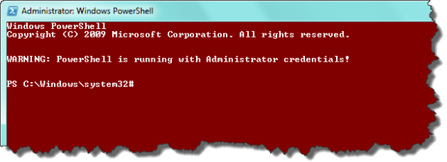 PowerShell runing with administrative credentials colored white on red with warning.